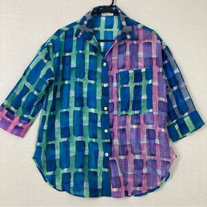Terra SJ Apparel Purple Blue Abstract Art to Wear Button Down size Small